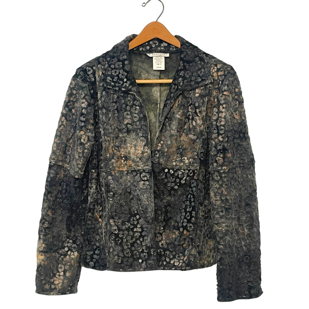 Vtg Y2K Sz L Fleece Jacket Exposed Seams Metallic Animal Print Indie Sleaze